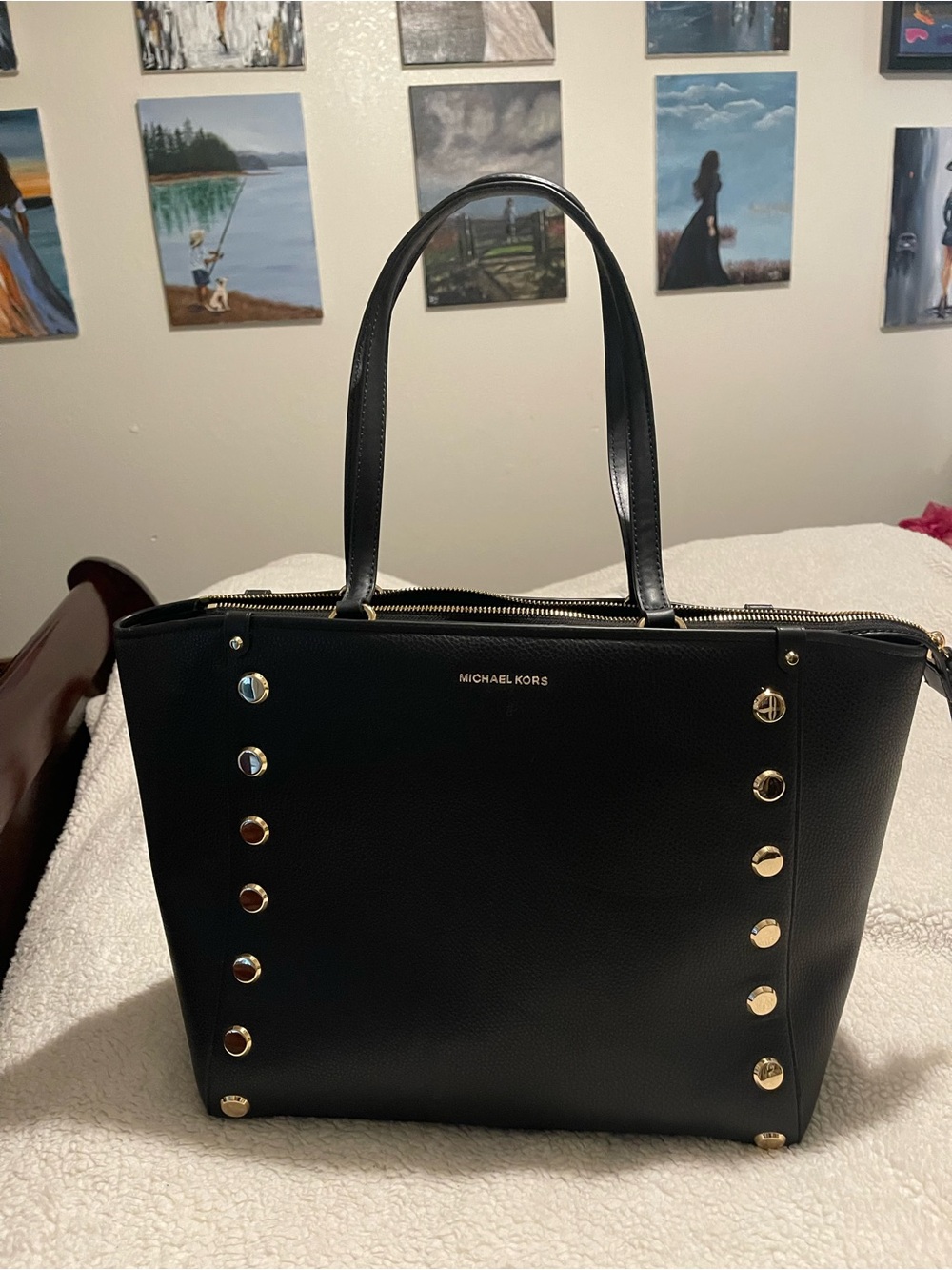 Michael Kors Black Tote with Gold Stud Accents